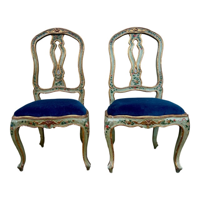 19th-C. Italian / Venetian Celadon Floral Painted Side Chairs in Blue Velvet- Pair For Sale
