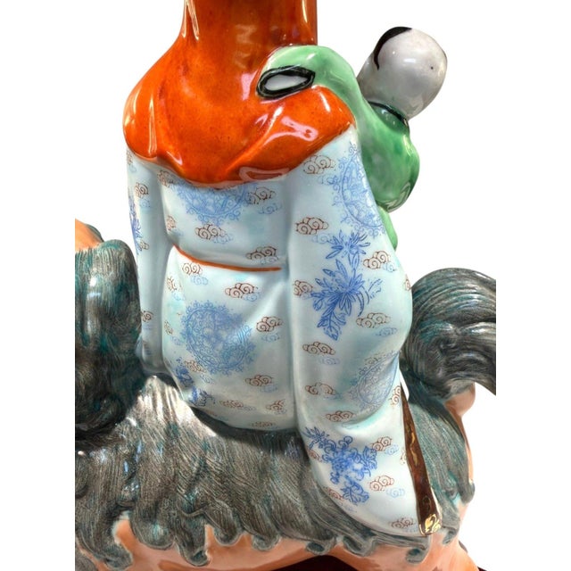 Late 20th Century Vintage Chinese Porcelain Immortal W/Child Riding Foo Lion Statue 15" Mark 082 For Sale - Image 5 of 16