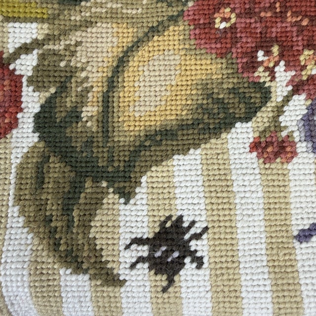 Needlepoint Pillow Cover Tan Floral Striped With Cream Velvet Backing 14" For Sale - Image 4 of 5