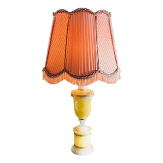 Vintage Genuine Alabaster Lamp with Big Lampshade Edges with Fringes For Sale