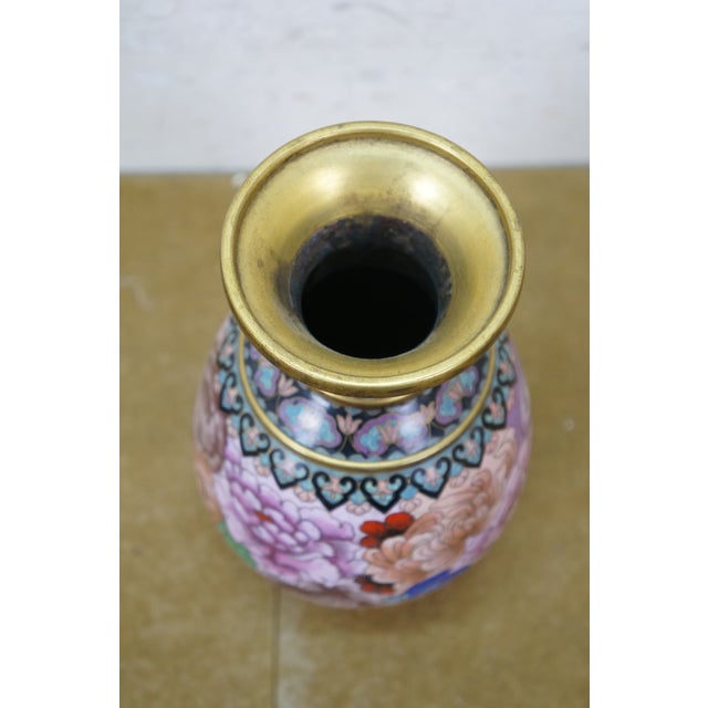 Pink Chinese Brass Cloisonne Enamel Chrysanthemum Bud Vase on Stand 8" For Sale - Image 8 of 13