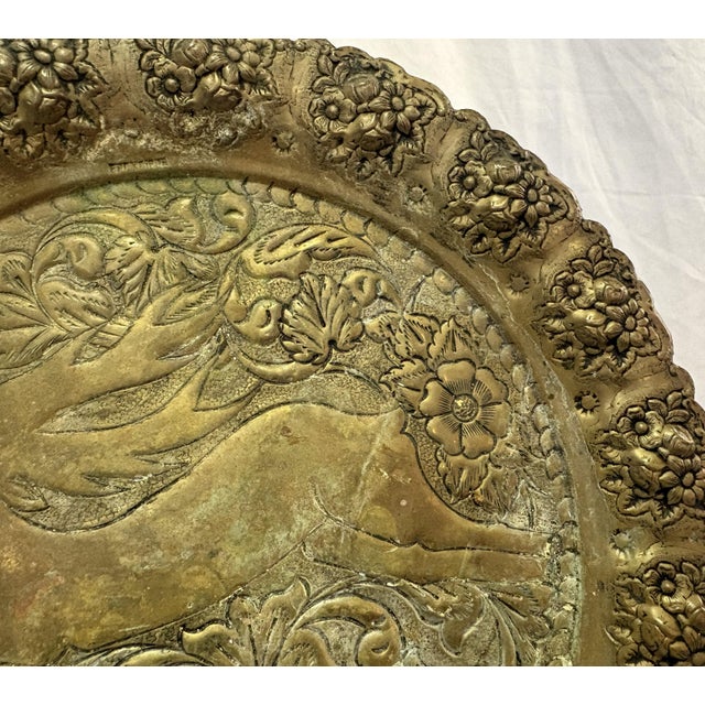 Brass Vintage Embossed Brass Charger Plate Featuring Leaping Hare Surrounded by Flowers For Sale - Image 8 of 13