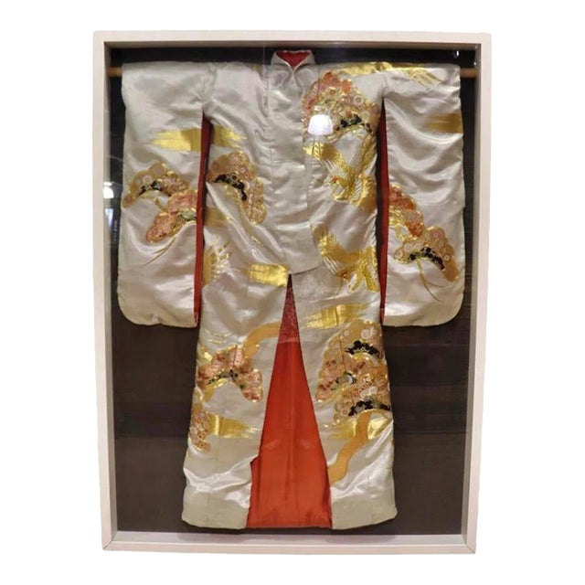 Mid 20th Century Framed Japanese Wedding Kimono With Silk Embroidered Decoration For Sale