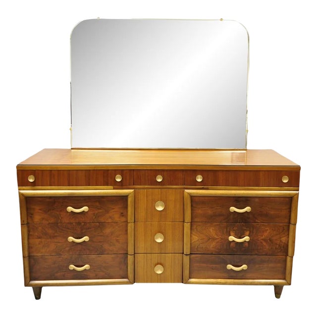 Joerns Bros Art Deco Mid Century Burl Walnut Long Dresser