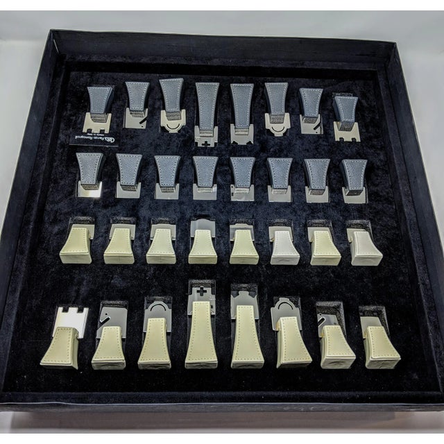 Regency Italian Renzo Romagnoli Leather and Chrome Black and Cream Chess Set For Sale - Image 10 of 12