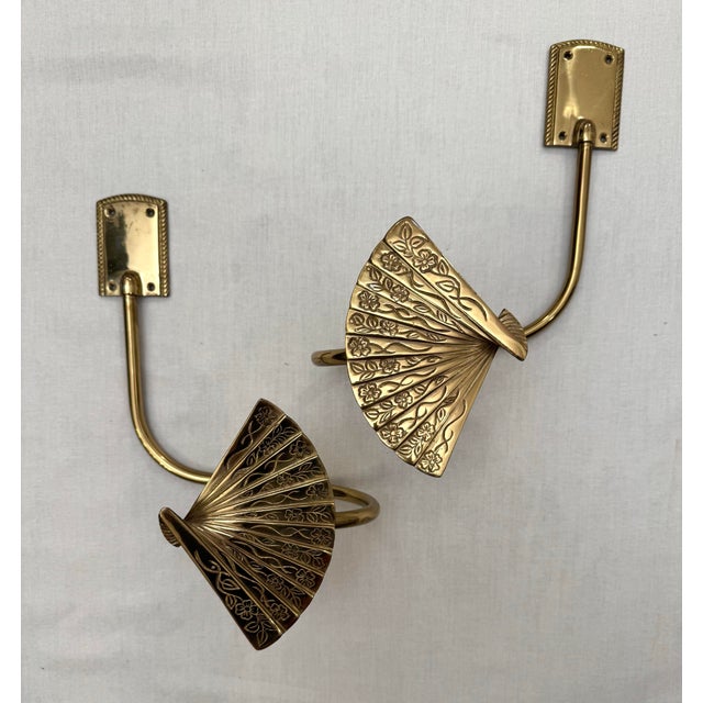 Chinoiserie Pair of Vintage Hollywood Regency Solid Brass Curtain Tiebacks For Sale - Image 3 of 12