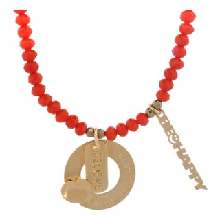 Believe & Be Happy Red Crystal Beaded Gold Choker Necklace For Sale