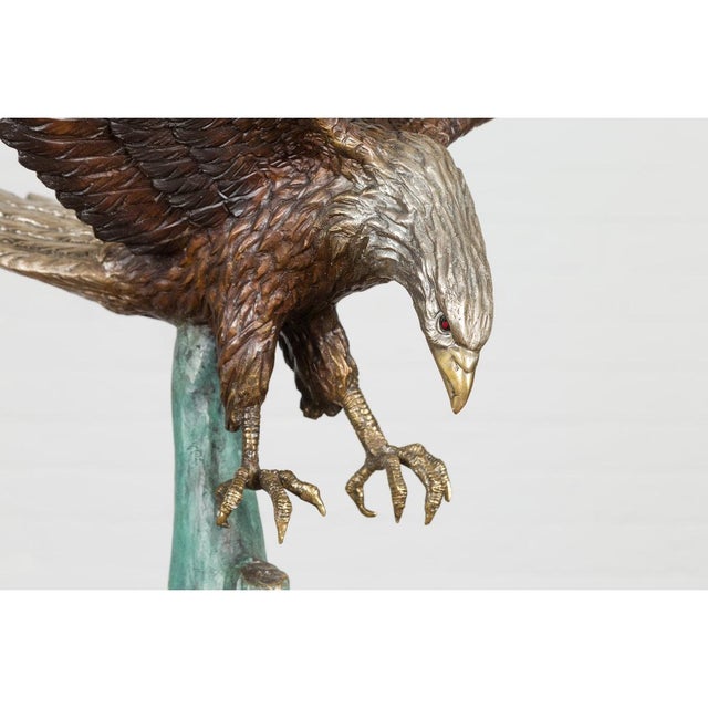 Life-Size Bronze Sculpture of a Diving Eagle on Black Marble Base For Sale - Image 4 of 12