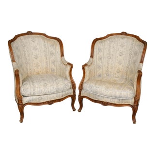 Pair Antique 19th C. French Louis XV Style Bergère Chairs For Sale