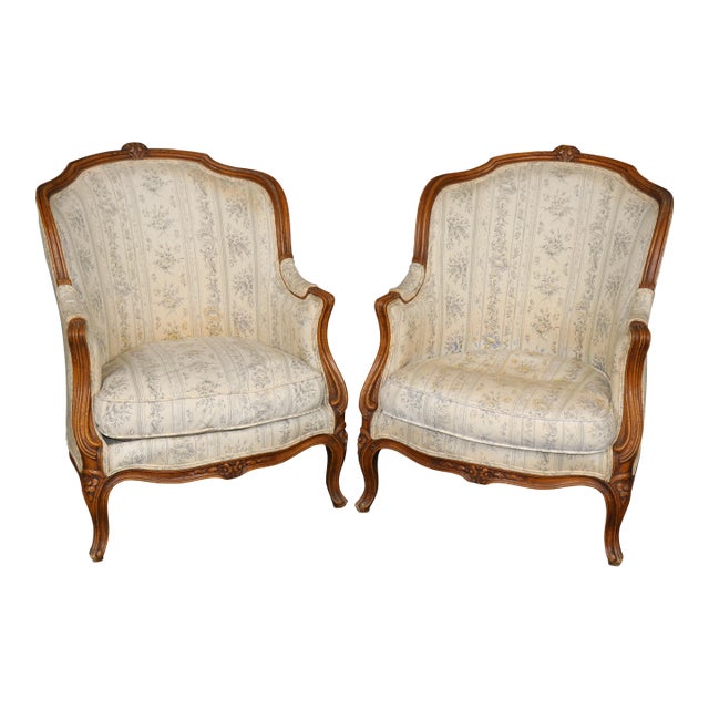 Pair Antique 19th C. French Louis XV Style Bergère Chairs For Sale