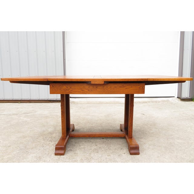Mission Antique Arts & Crafts Nautical Oak Draw Leaf Dining Table W/ Ship Carvings For Sale - Image 3 of 18