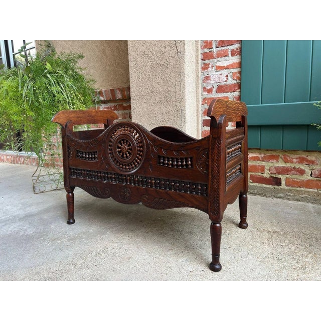 Antique French Carved Planter Breton Brittany Oak Doll Bed Fireside Box C1890 For Sale - Image 4 of 18