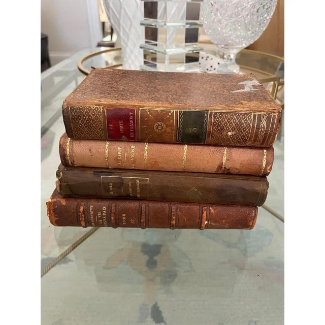 Brown Antique French Leather Bound Books- Set of 4 For Sale - Image 8 of 12