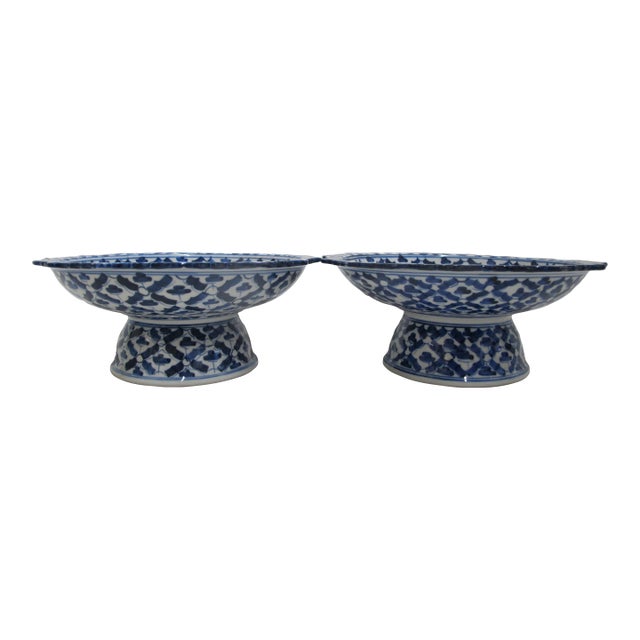Asian Blue & White Porcelain Pair of Tazza Candy Dish or Candle Holder Set For Sale