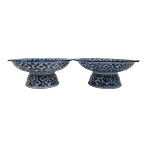 Chinese Blue & White Porcelain 3" Tall Footed Tazza Dish Candle Holder Set of 2