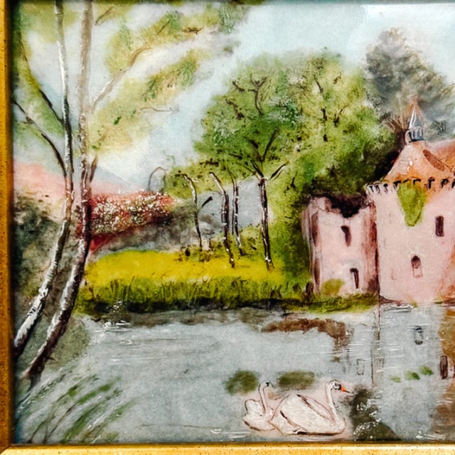 2000 - 2009 Vintage French Hand-Painted Petite Enamel Landscape Framed Paintings - Set of 2 For Sale - Image 5 of 13