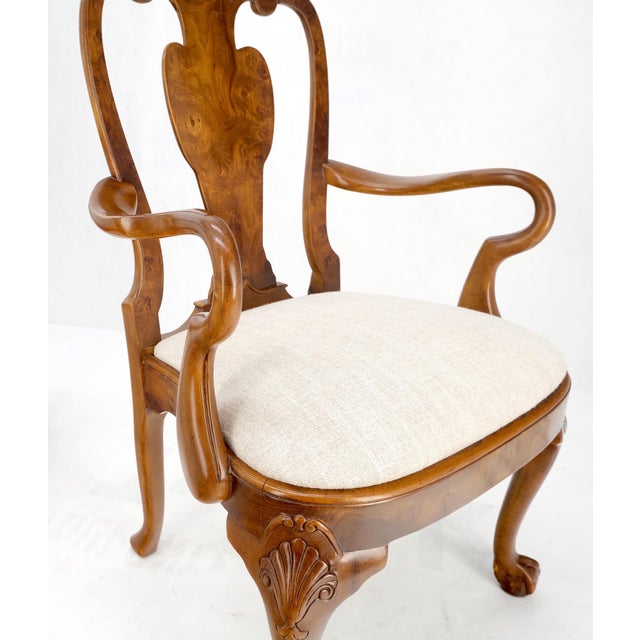 Mid-Century Modern Pair of Carved Burl Wood New Oatmeal Linen Upholstery Armchairs Mint! For Sale - Image 3 of 16