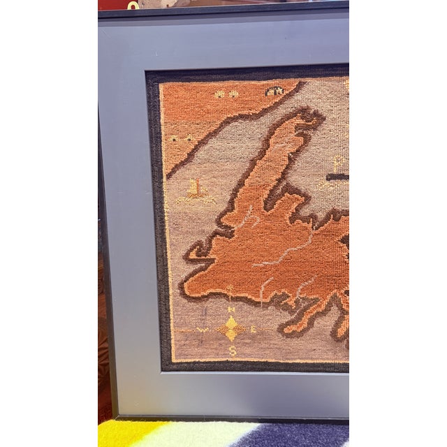 1930's Grenfell Mat – Map of Newfoundland With Whale, Sailing Ship & Coastal Settlements – Framed Textile Art For Sale - Image 6 of 15
