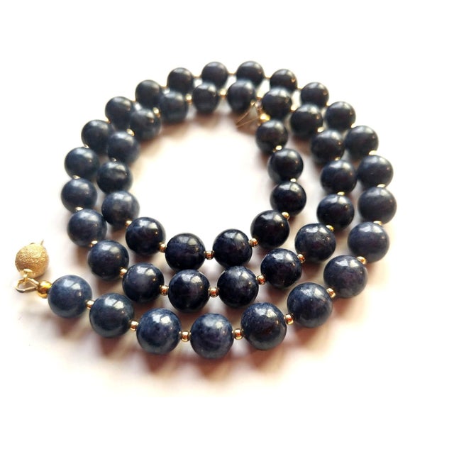 Navy Blue Burmese Blue Sapphire Beaded Necklace With 14k Gold Clasp For Sale - Image 8 of 9
