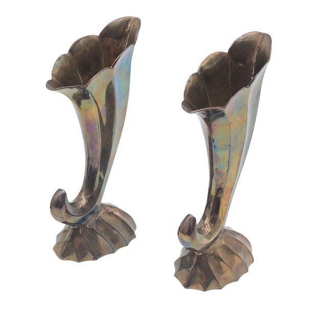 Mid 20th Century Mid-Century Brass Cornucopia Vases in Art Deco Revival Style, Pair For Sale - Image 5 of 12