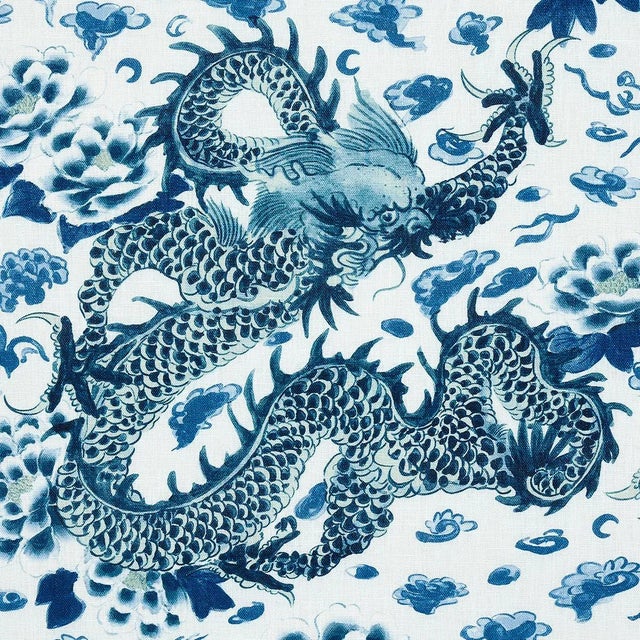 Asian Schumacher X Mary McDonald Empress Dragon Fabric in Delft For Sale - Image 3 of 5