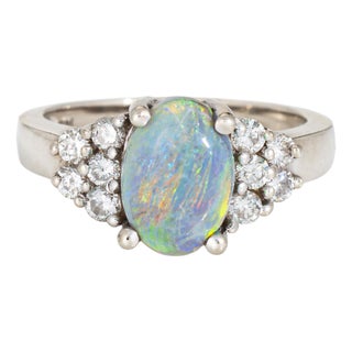 Natural Semi Black Opal Diamond Ring Vintage 14k White Gold Fine Jewelry Sz 6.5 For Sale