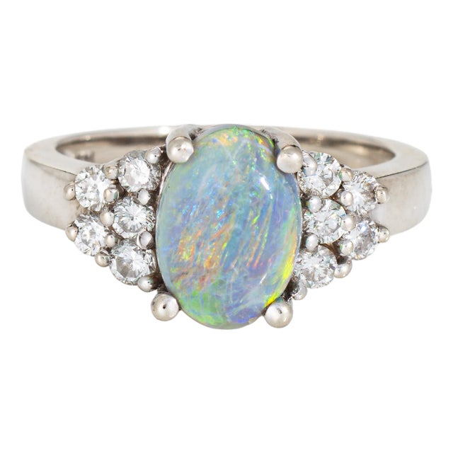 Natural Semi Black Opal Diamond Ring Vintage 14k White Gold Fine Jewelry Sz 6.5 For Sale