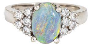 Natural Semi Black Opal Diamond Ring Vintage 14k White Gold Fine Jewelry Sz 6.5