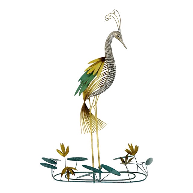 Hollywood Regency Brass Wall Sculpture Silver Heron Bird by Curtis Jere for Artisan House, 1987 For Sale