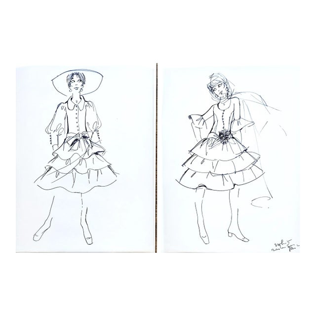 1970s Pair Pen and Ink Fashion Drawings,matted For Sale