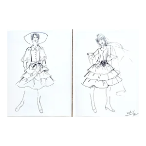 1970s Pair Pen and Ink Fashion Drawings,matted