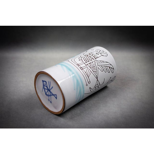 Aqua Cylindrical Vase in Glazed Earthenware with Stylized Rooster and Flower by Michel Barbier, Lully, Haute-Savoie, 1970-1986 For Sale - Image 8 of 10