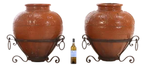 Pair of Spanish Earthenware Pots on Wrought Iron Bases, C. 1940