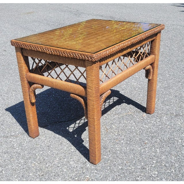 Henry Link Boho Chic Wicker, Rattan and Glass Top Side Table For Sale - Image 9 of 11