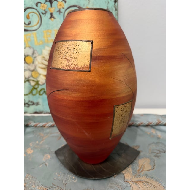 Designed Art Glass Vase Hand-Painted, With Raised Metal Browns & Golds Coloring, Abstract Contemporary Design, With Art Nouveau Influence For Sale - Image 4 of 8