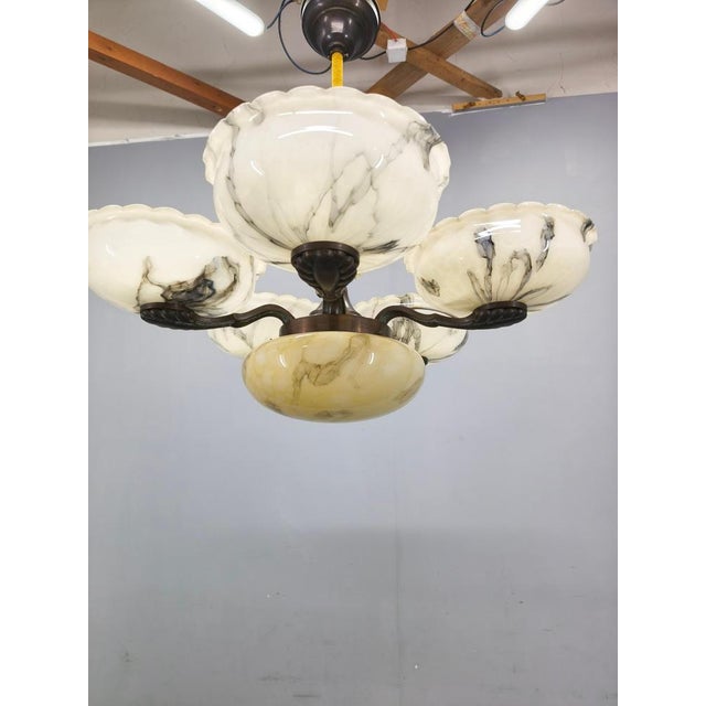 Czech Art Deco Brass Opaline Glass Chandelier, 1940s For Sale - Image 6 of 11