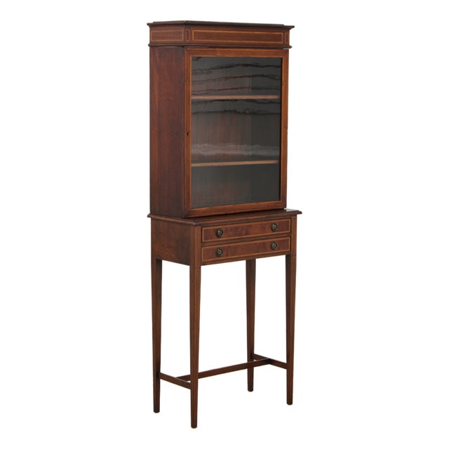 Antique Edwardian 2 Drawer Inlaid Mahogany Curio Cabinet For Sale