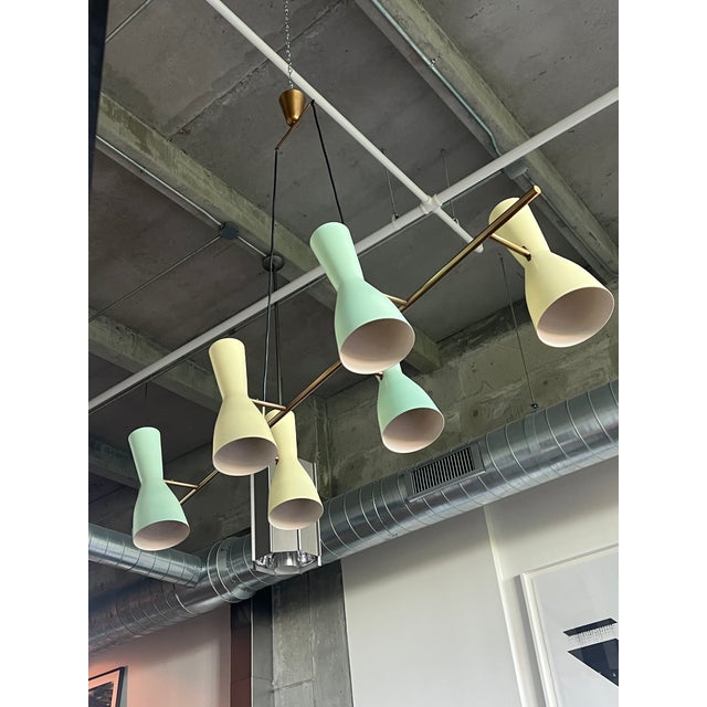 1950s 1950s Rare Stilnovo Linear Chandelier in Brass With Green and Yellow Shades For Sale - Image 5 of 13