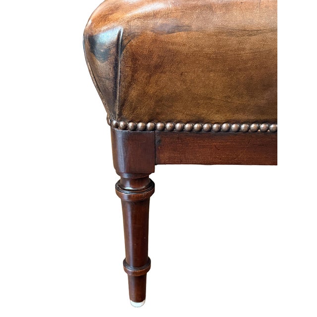 French Leather Ottoman Seat or Stool on Turned Walnut Frame For Sale In Austin - Image 6 of 11