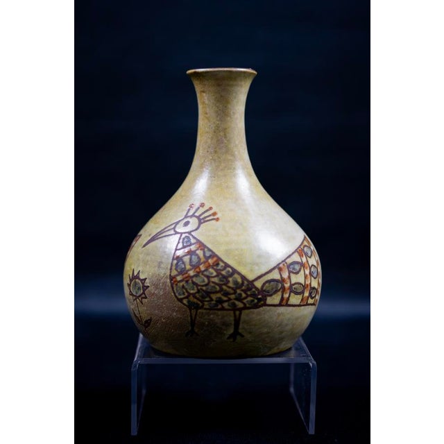 Ceramic Mid-Century French Soliflore Vase in Glazed Ceramic with Incised Decoration of Stylized Birds by Olivier Pettit, France, 1950-1960 For Sale - Image 7 of 13
