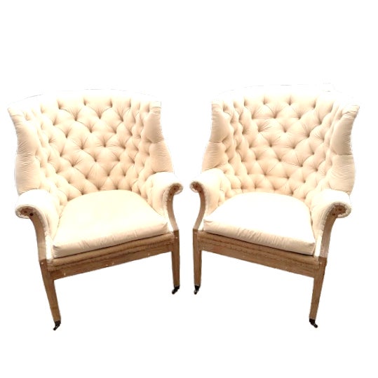 A Pair of Tufted Wingback Chairs in Ivory by Restoration Hardware Attributed to Ralph Lauren Heppelwhite Chairs For Sale - Image 13 of 18