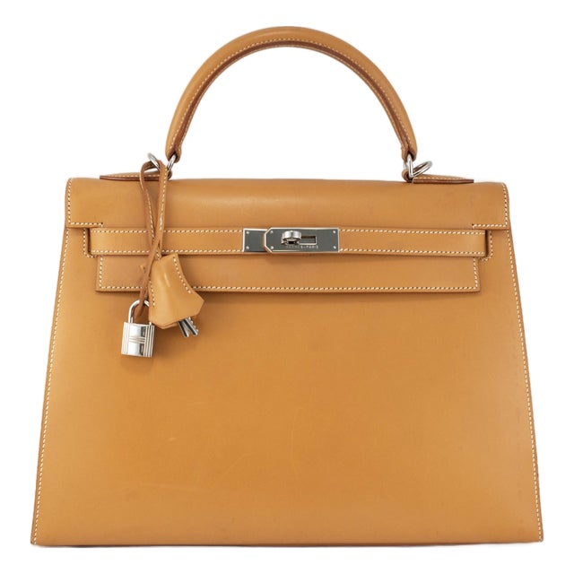 Hermès Kelly 32 Gold Box Calf Leather Palladium Hardware Top Handle Bag For Sale