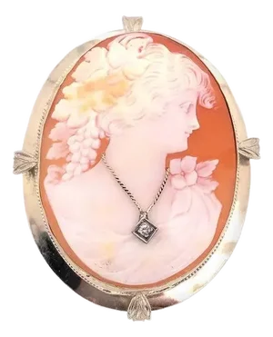 14 Karat White Gold Cameo Brooch and Pendant Woman Profile With Diamond Necklace