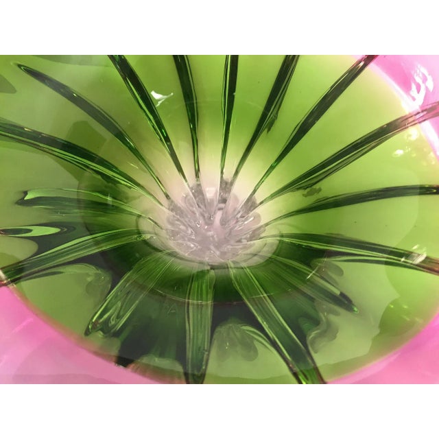 1960s Mid-Century Modern, Art Glass Pedestal Centerpiece Bowl, Leaf or Fish Shape in Pink, Green, Clear For Sale - Image 9 of 13