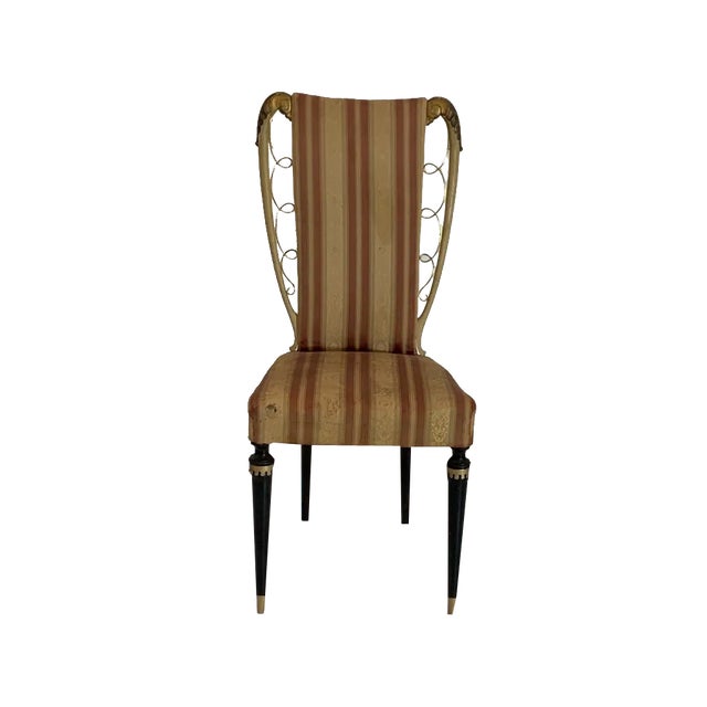 Lacquered Chair with Gold Carved Inserts and Brass Details attributed to Guglielmo Ulrich, 1950s For Sale