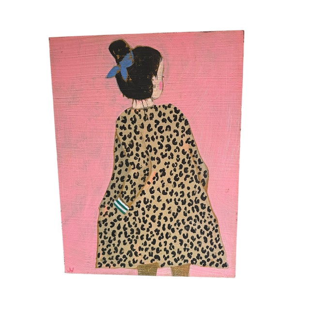 Abstract 1970s Original Contemporary Folk Art Painting of Girl in Leopard Print Dress on Pink Background For Sale - Image 3 of 9