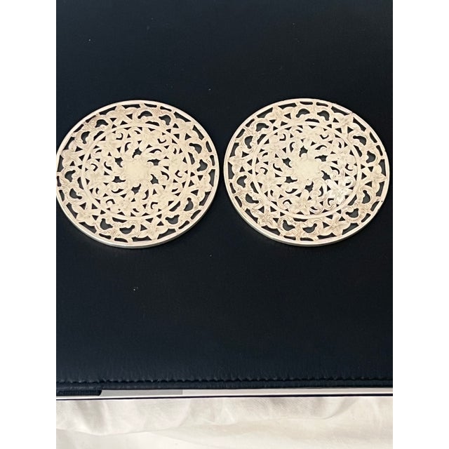 Gorham Antique Art Nouveau Webster Sterling Silver Glass Overlay 3” Coasters Trivet - a Pair For Sale - Image 4 of 5