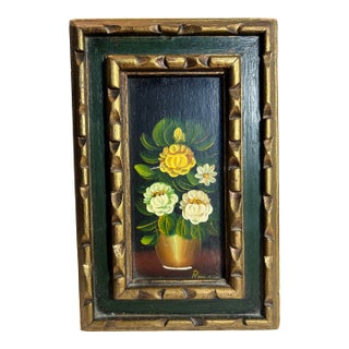 Vintage Small French Oil Painting of Flowers in Wood Frame For Sale