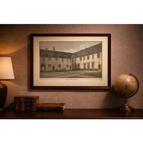 Corpus Christi College Cambridge, Old Court, 19thC Hand-Colored Engraving A charming and historically rich 19th-century...