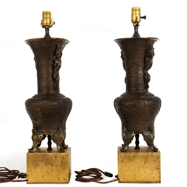 Pair of Antique Japanese Bronze Vasiform Table Lamps For Sale - Image 4 of 18
